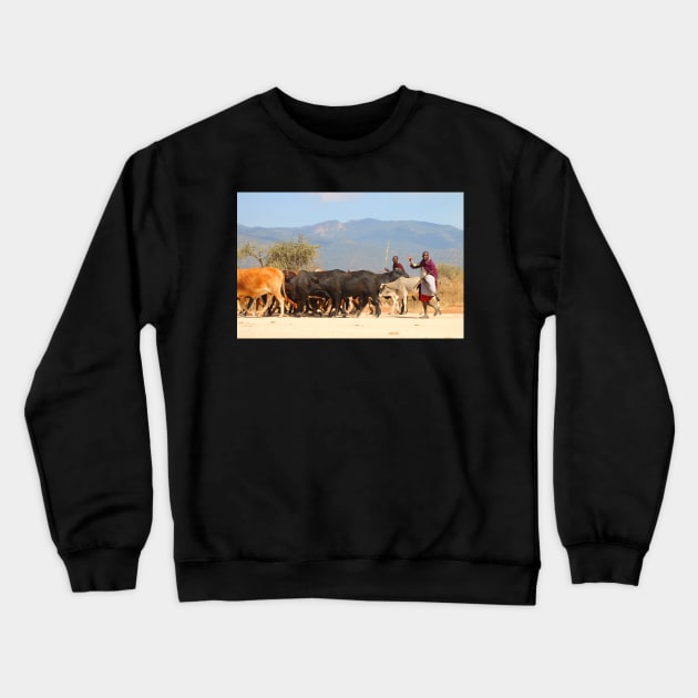 Maasai (or Masai) Herders with Cattle, on the Road, Tanzania Crewneck Sweatshirt by Carole-Anne